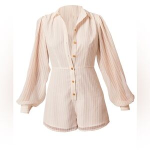 NWOT Pretty Little Thing Cream Stone Striped Button-Front Long Sleeve Romper